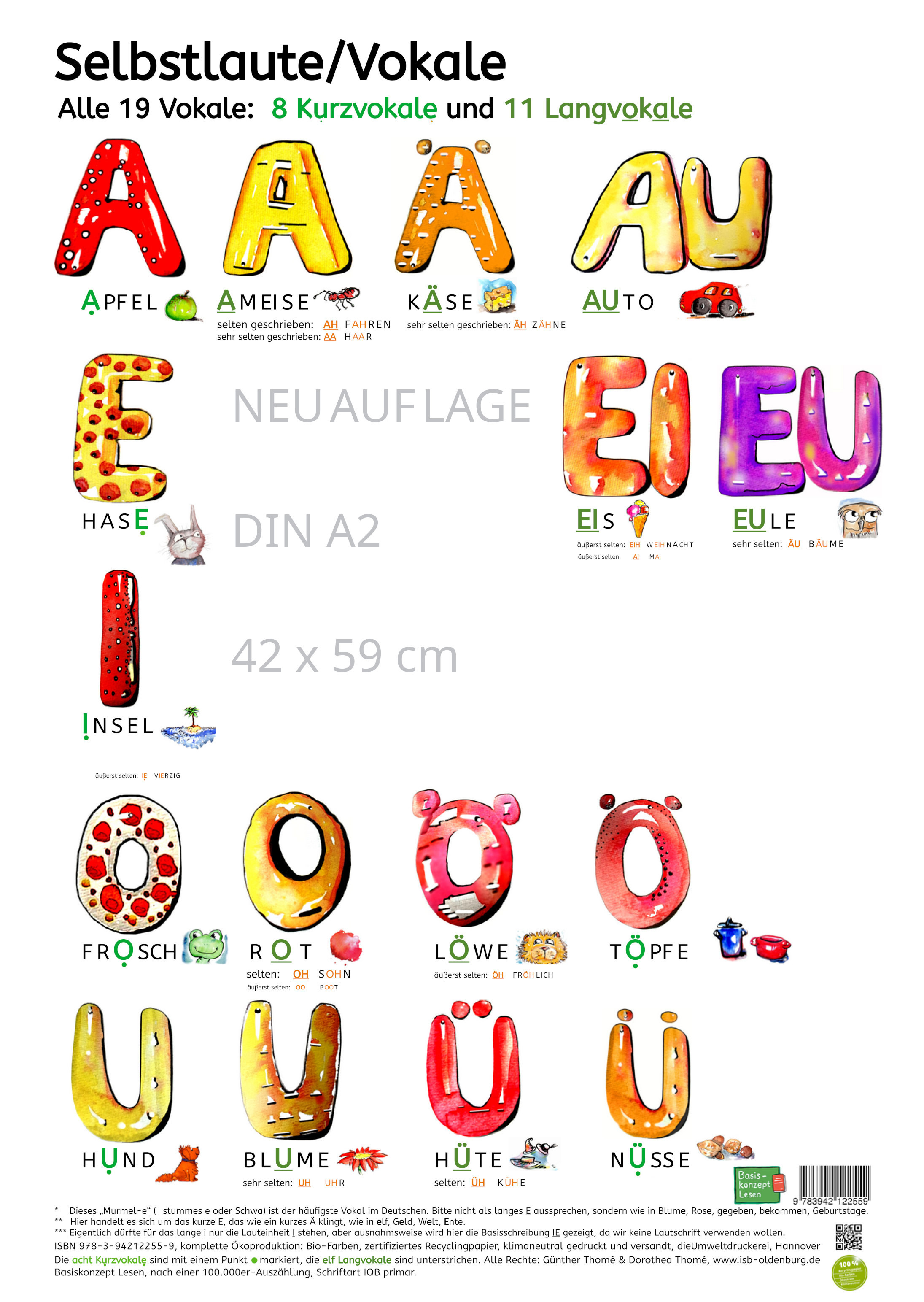 Titelbild Selbstlaute/Vokale, buntes DIN A2-Poster, Basiskonzept Lesen